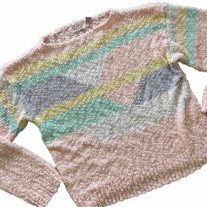 Vintage 80s Kawaii Fairy Kei Pastel Pink Chunky Knit Sweater Geometric Size L